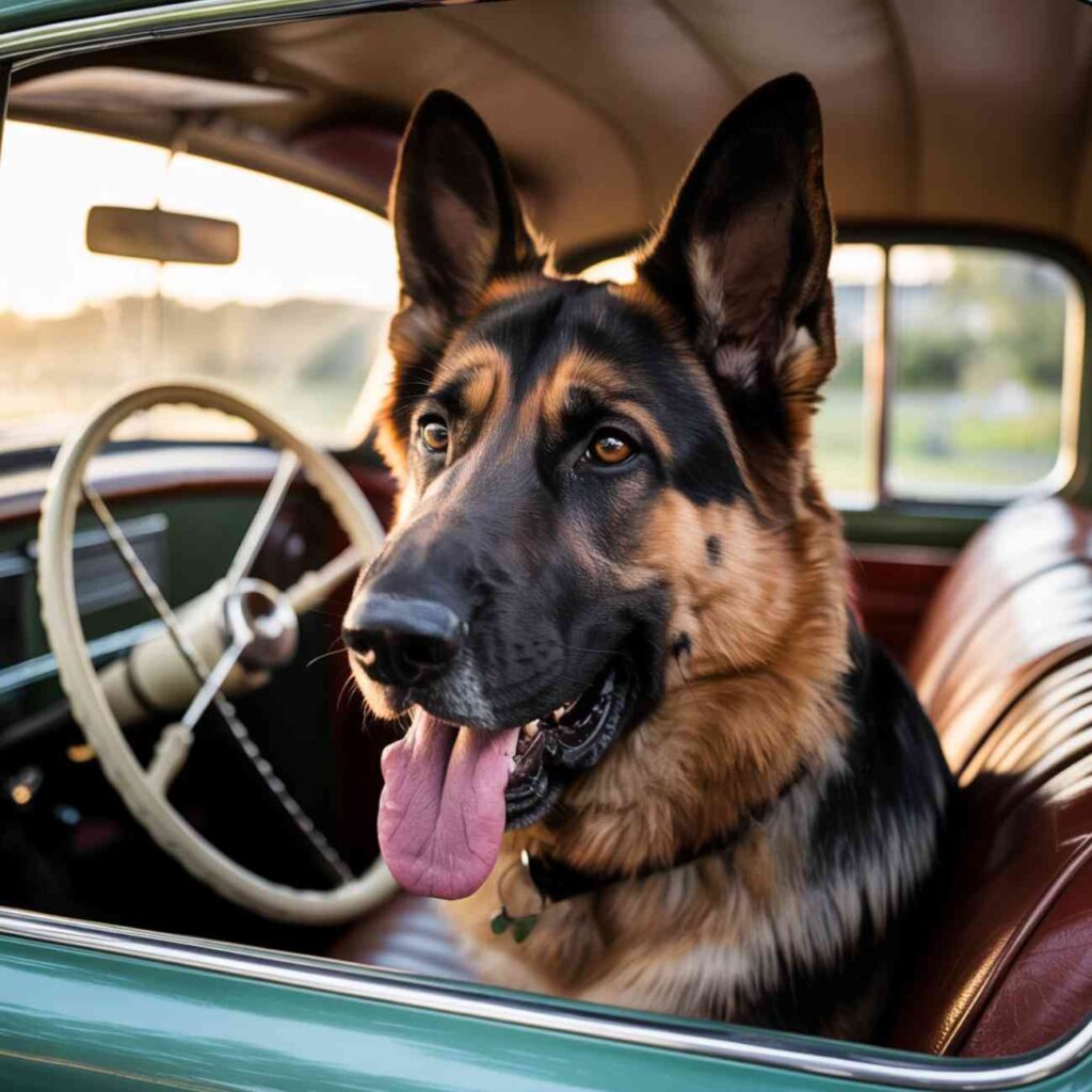Berger allemand à l’intérieur d’une voiture ancienne, langue sortie, assis sur le siège avant en pleine lumière