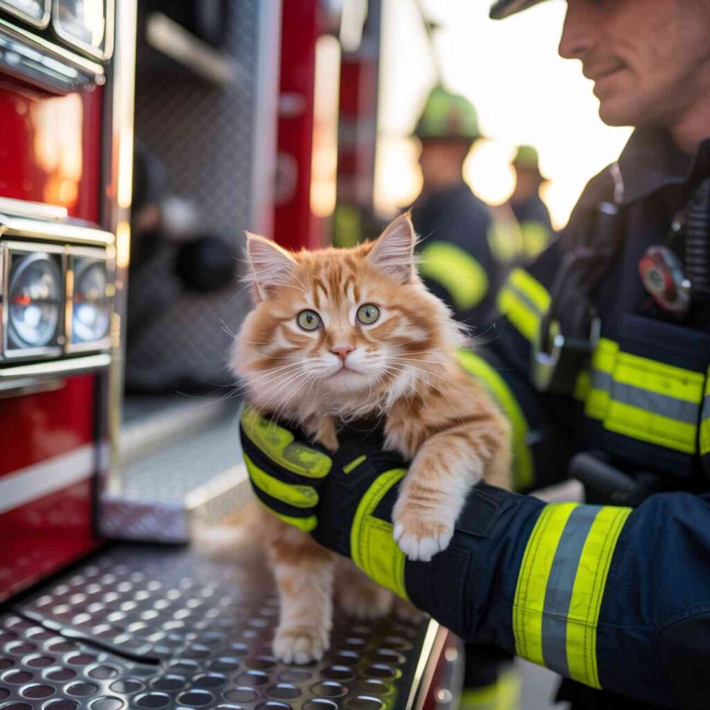 Pompier tenant un chat roux sauvé d’un incendie, devant un camion de pompiers