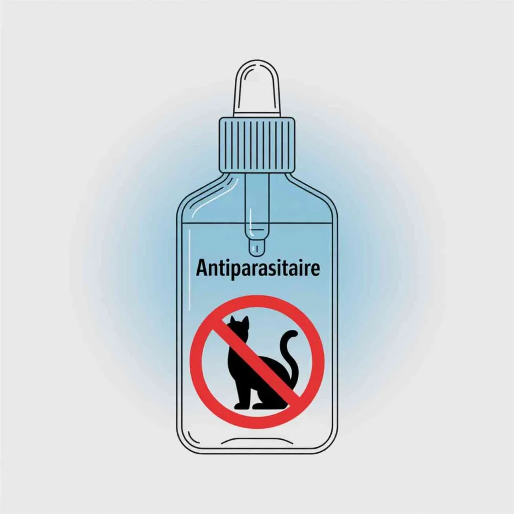 Illustration d’un flacon d’antiparasitaire avec un pictogramme d’interdiction pour les chats, signalant le danger d’utilisation inappropriée.