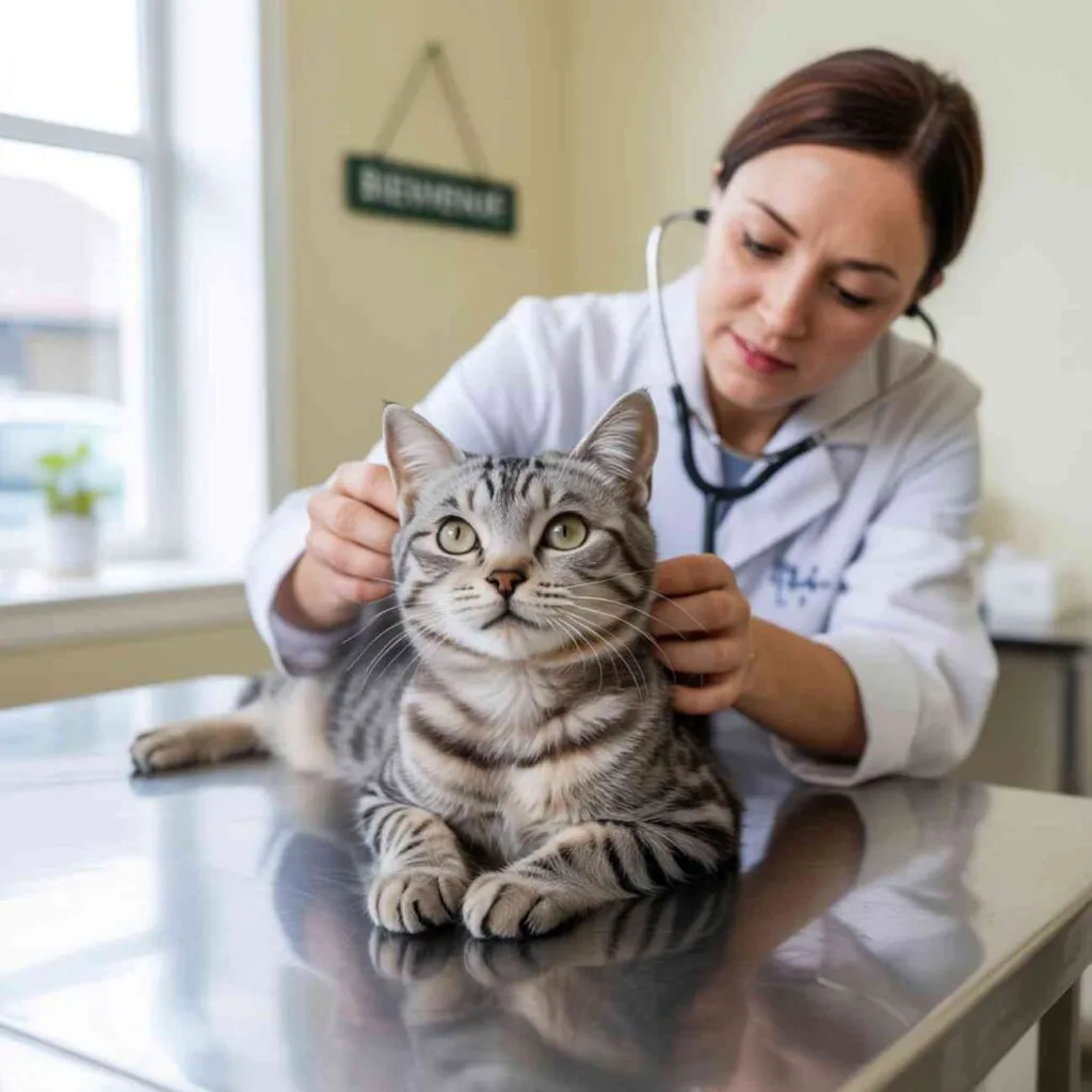 Vétérinaire examinant un chat sur une table de consultation, illustrant la nécessité d’une prise en charge médicale urgente après exposition à un antiparasitaire toxique.
