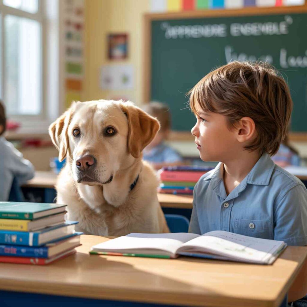 Image illustrative d’un chien de médiation assis près d’un enfant en classe, représentant la médiation animale.