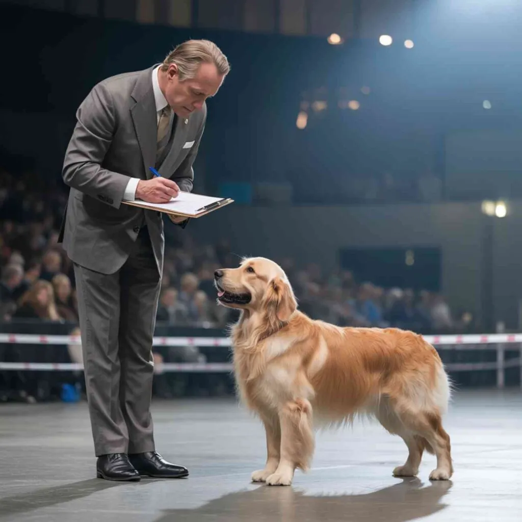 Un juge examine un chien debout sur le ring lors d’un concours de beauté canine.