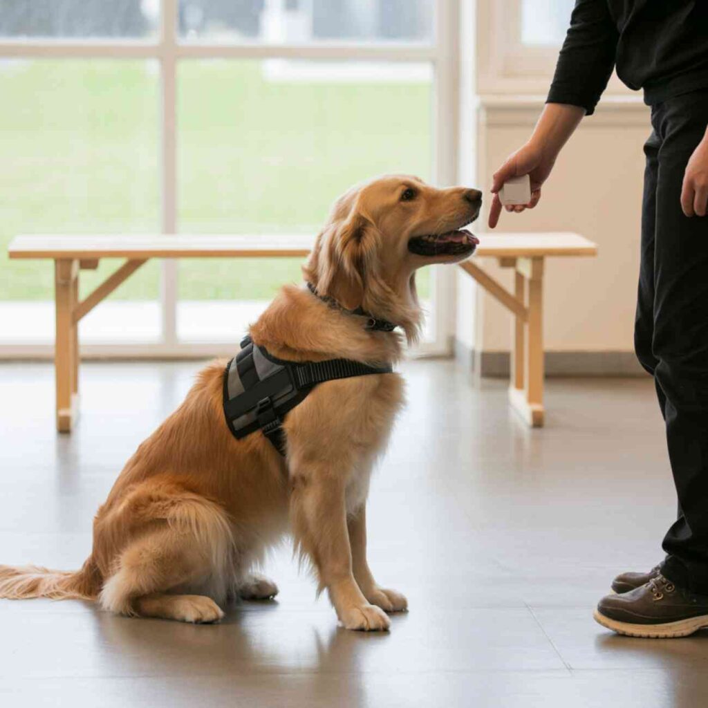 Chien guide d’aveugle en formation avec un éducateur.