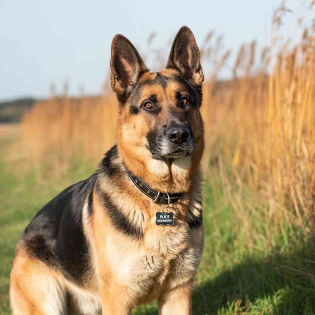 Berger allemand avec collier à puce d’identification, renforçant la traçabilité et la sécurité animale.