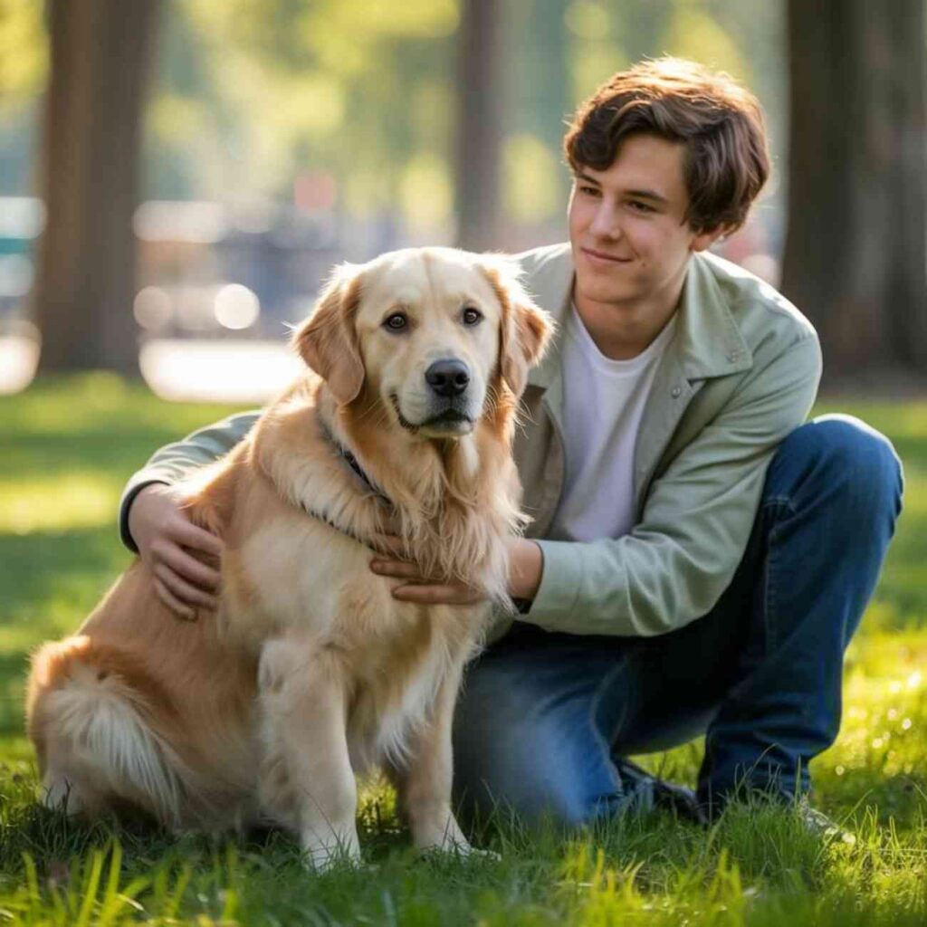 Chien guide posé calmement près de son maître dans l’herbe.
