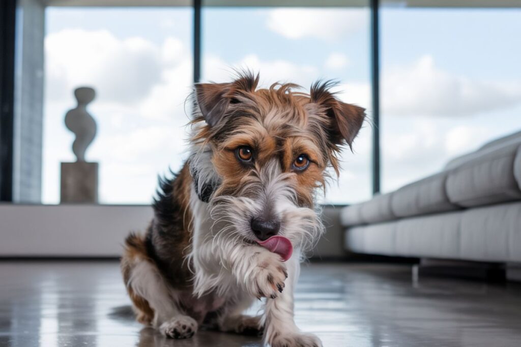 un chien terrier qui se léchage de façon compulsif seul dans une maison moderne meublé