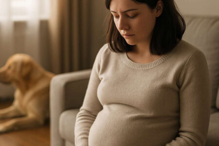 Femme enceinte assise seule sur un canapé, regard au sol, pendant que sa chienne labrador reste allongée à distance dans le salon