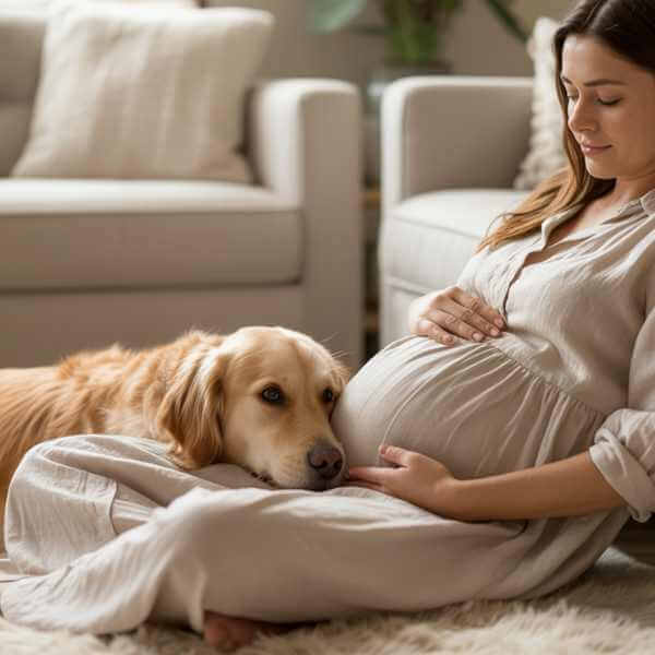 Femme enceinte allongée sur un tapis clair, yeux fermés, sa chienne labrador posant doucement la tête sur son ventre
