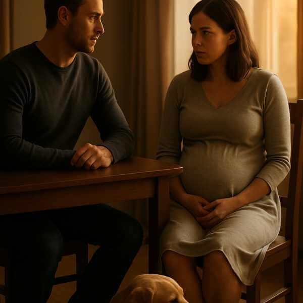 Femme enceinte et son compagnon assis à une table, se regardant avec inquiétude, pendant que leur chienne repose au sol à leurs pieds