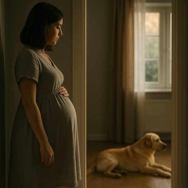 Femme enceinte debout dans un couloir sombre, regardant sa chienne allongée seule dans une autre pièce éclairée