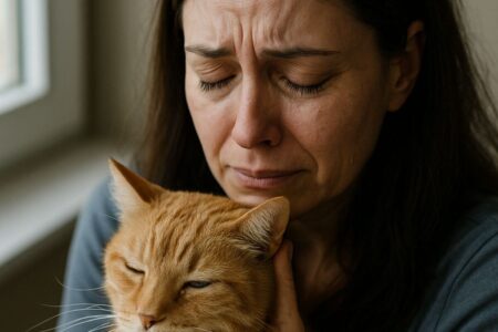 Une femme émotive serre contre elle un chat roux en fin de vie, près d’une fenêtre.