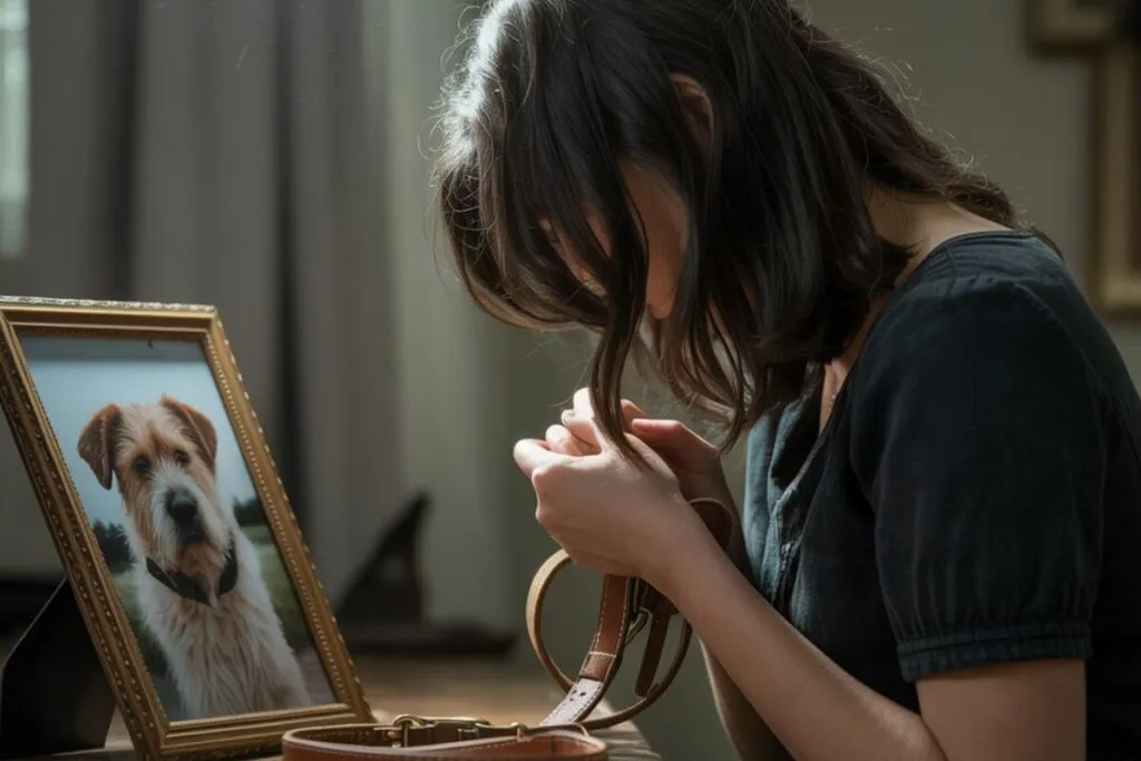 Femme effondrée devant un cadre photo de son chien disparu, manifestement en deuil