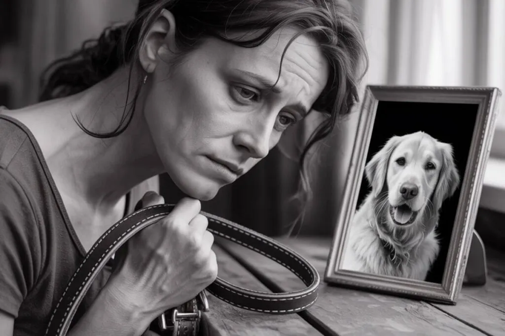 Femme en deuil tenant un cadre photo de son chien décédé, visage marqué par l’émotion