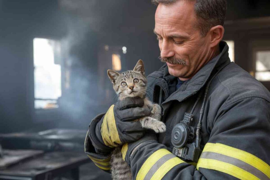 Pompier tenant un chaton sauvé d’un incendie dans une maison enfumée
