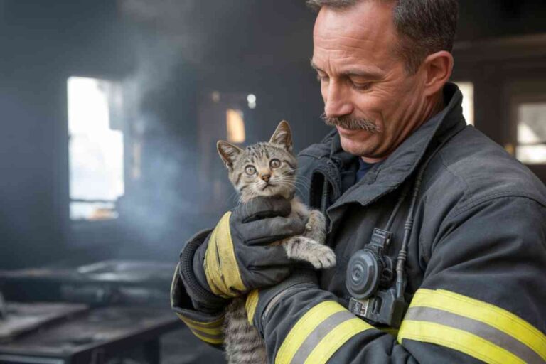 Pompier tenant un chaton sauvé d’un incendie dans une maison enfumée
