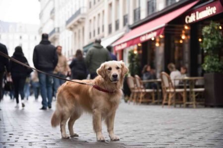 Chien tenu en laisse sur une rue pavée fréquentée, devant une terrasse de café urbain