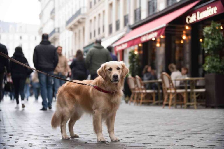 Chien tenu en laisse sur une rue pavée fréquentée, devant une terrasse de café urbain