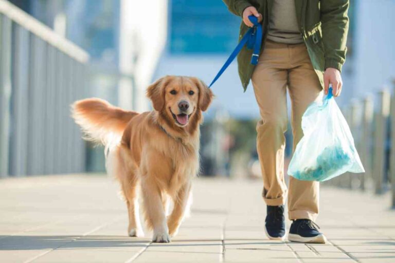 Golden retriever en laisse, maître tenant un sac plastique pendant une promenade urbaine