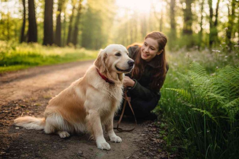 Femme attachant la laisse d’un golden retriever sur un sentier forestier verdoyant au printemps