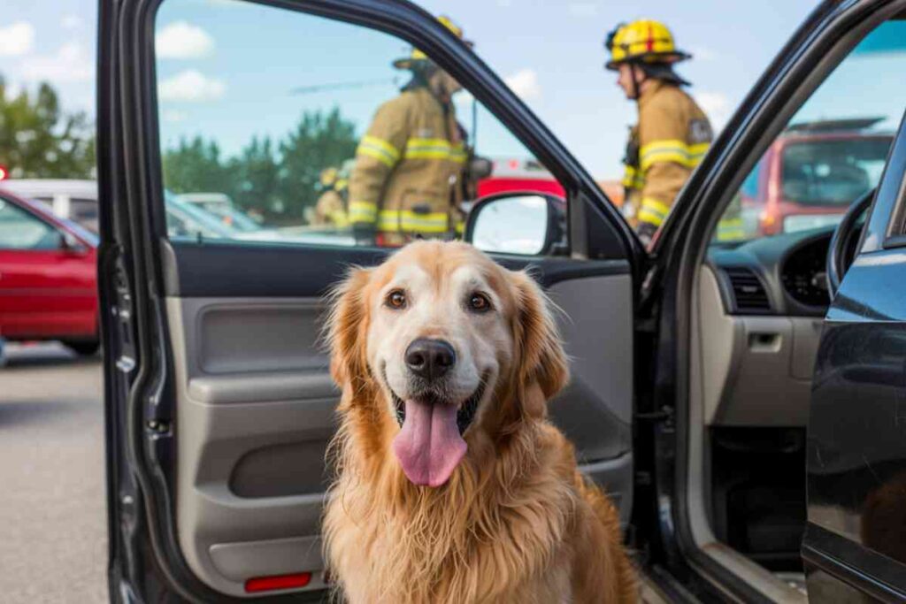 Golden retriever assis dans une voiture ouverte, tiré d’un véhicule en plein soleil pendant qu’un pompier intervient en arrière-plan