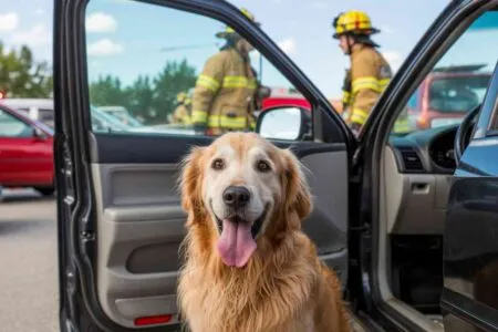 Golden retriever assis dans une voiture ouverte, tiré d’un véhicule en plein soleil pendant qu’un pompier intervient en arrière-plan