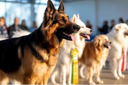 Des chiens alignés, décorés de rosettes, pendant un concours de beauté canine.