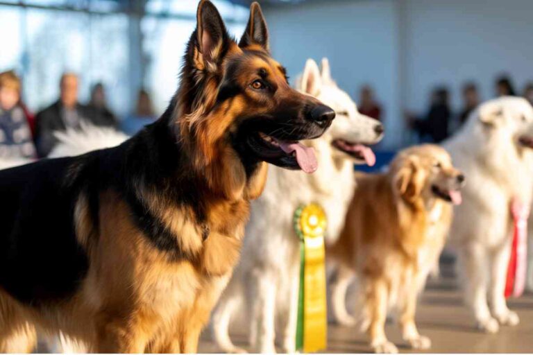 Des chiens alignés, décorés de rosettes, pendant un concours de beauté canine.