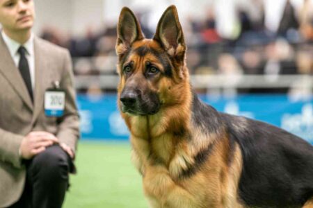 Chien de race en concours canin, image illustrative représentant une compétition officielle.