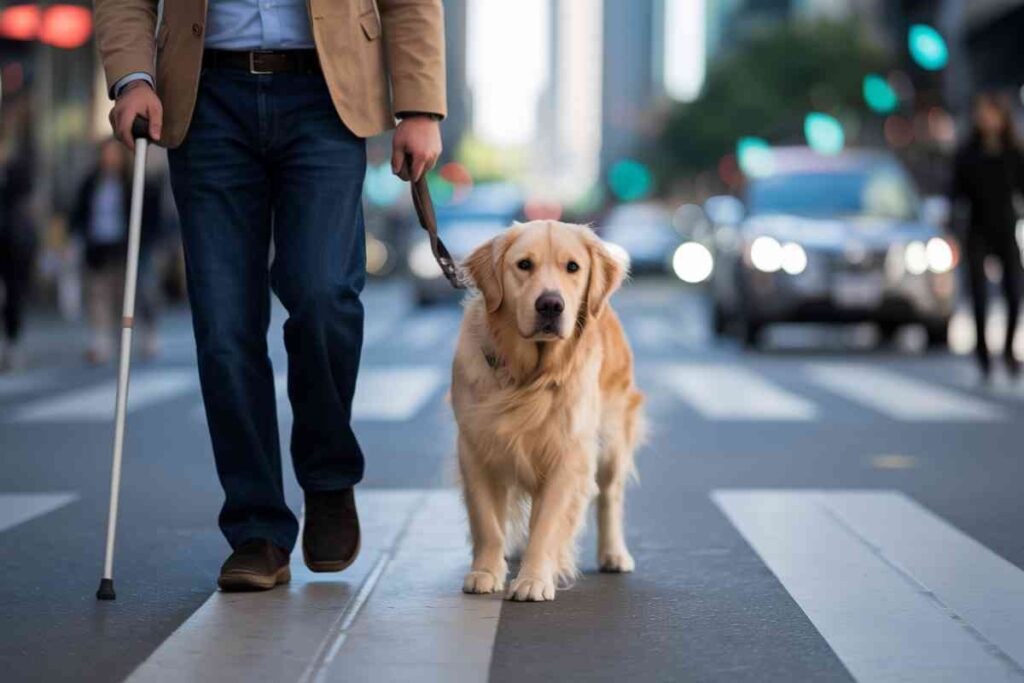 Un chien guide en laisse aide un homme malvoyant à traverser un passage piéton en ville.