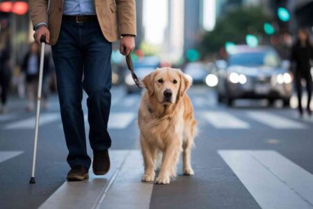Un chien guide en laisse aide un homme malvoyant à traverser un passage piéton en ville.