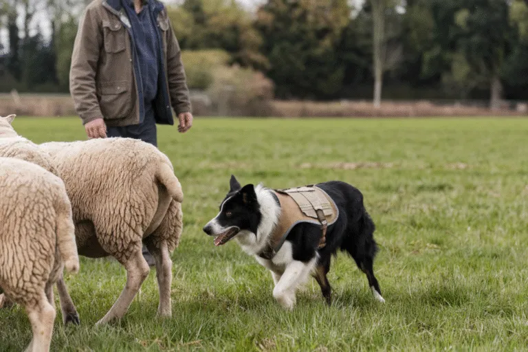 Chien de berger noir et blanc portant un harnais, guidant un troupeau de moutons aux côtés de son éleveur dans un champ