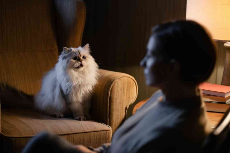 Chat à poils longs en train de miauler sur un fauteuil, regardant une femme floue au premier plan
