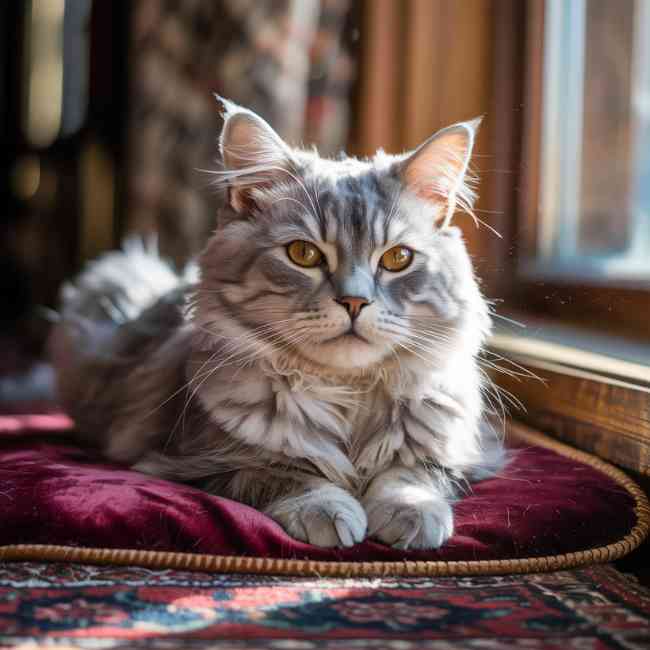 Chat gris allongé sur un coussin rouge près d’une fenêtre, regard direct et intense
