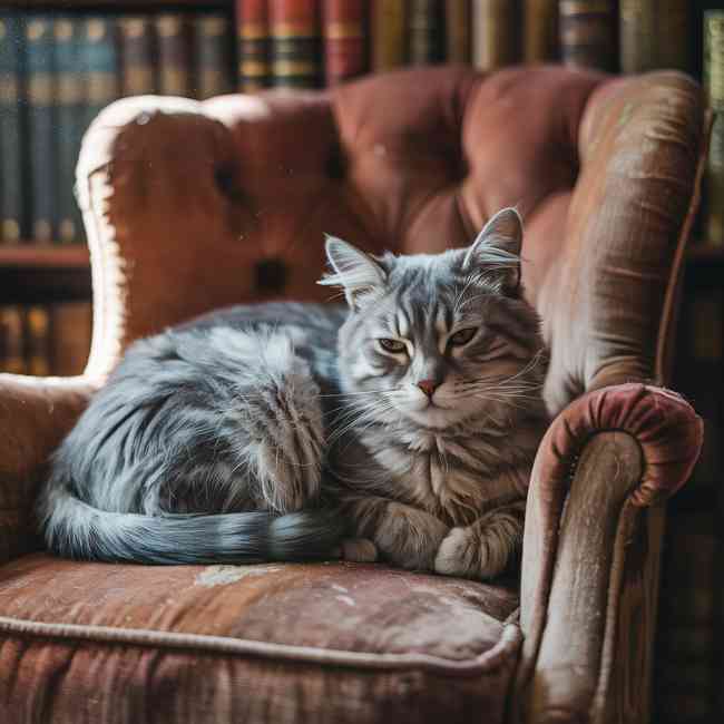 Chat gris allongé sur un vieux fauteuil en velours, l’air fatigué, devant une bibliothèque