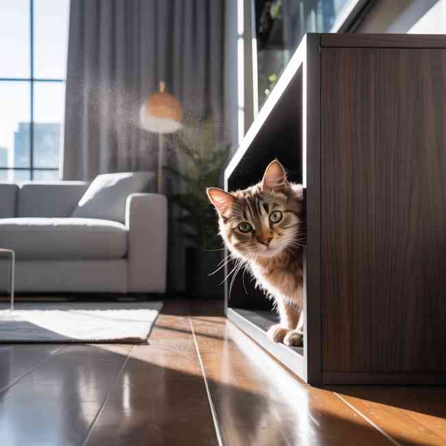 Mon chat miaule tout le temps : ici, il se cache dans un meuble du salon, en hypervigilance face à un environnement lumineux et bruyant.