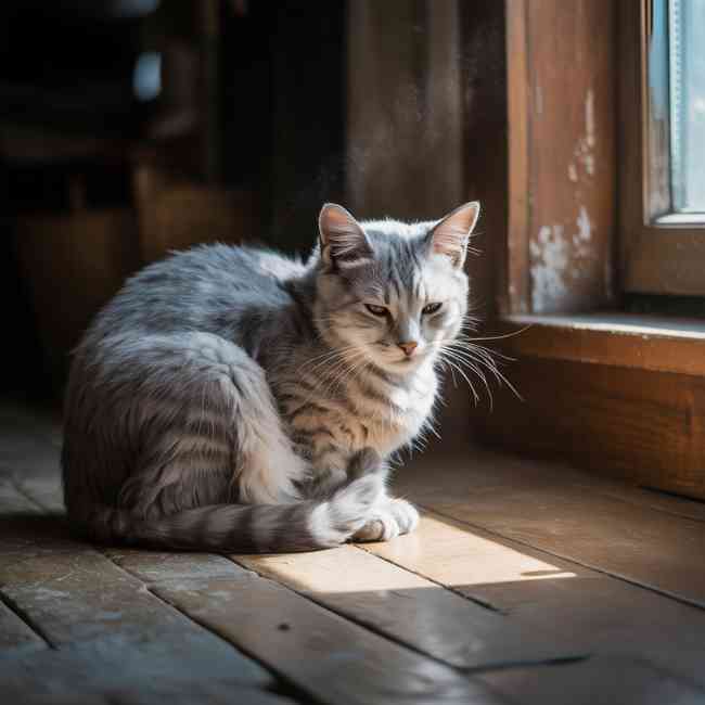 Chat gris clair recroquevillé près d’une fenêtre, dans un coin sombre, éclairé par un rayon de soleil