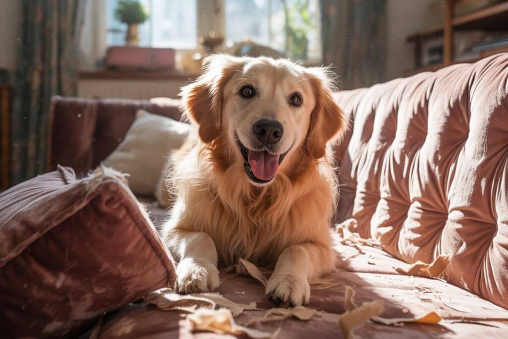 Chien allongé sur un canapé défoncé, regardant fixement, illustrant les effets de la solitude sur le comportement canin
