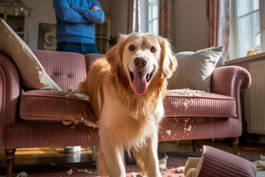 Chien debout dans un salon face à l’objectif, entouré de coussins éventrés, illustrant un comportement destructeur lié à la solitude