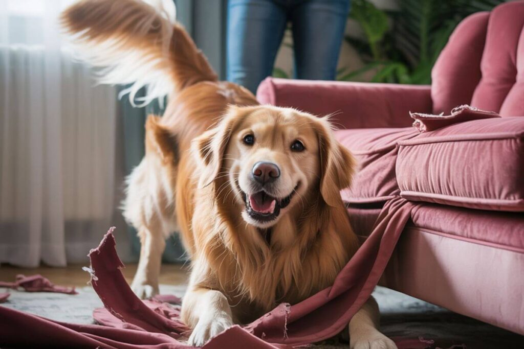 Chien agité dans un salon en train de sauter près d’un canapé rouge, symbole de destruction en l’absence du maître