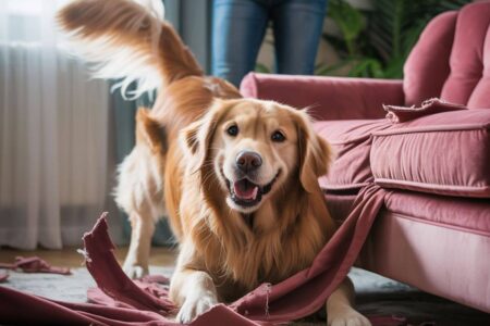 Chien agité dans un salon en train de sauter près d’un canapé rouge, symbole de destruction en l’absence du maître