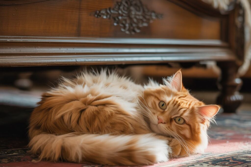 un chat roulé en boule au pied d’un lit, vu de haut