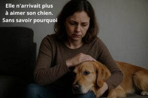 Femme brune en détresse tenant son chien golden retriever sur le canapé, lien affectif rompu