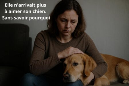 Femme brune en détresse tenant son chien golden retriever sur le canapé, lien affectif rompu
