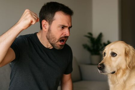Un homme crie en levant la main sur son chien apeuré dans un salon