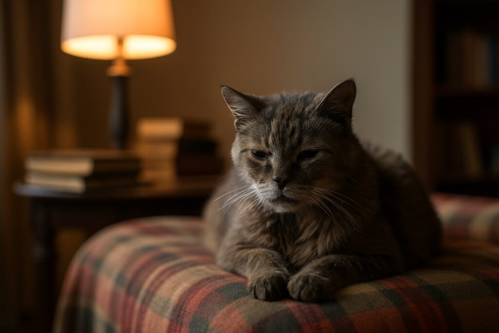 Vieux chat gris allongé sur un plaid écossais, éclairé par une lampe dans un salon calme sherbi