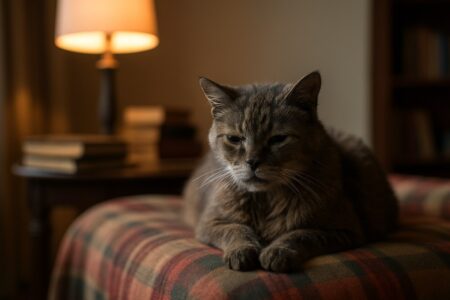 Vieux chat gris allongé sur un plaid écossais, éclairé par une lampe dans un salon calme sherbi