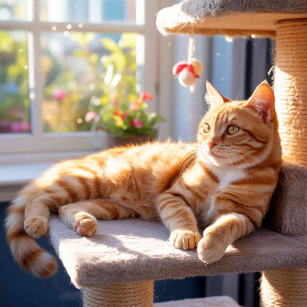 Chat détendu dans un arbre à chat, illustrant calmer chat qui miaule