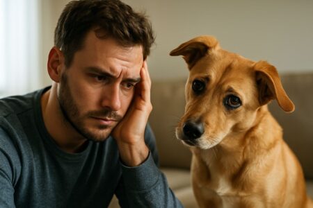 Un chien regarde son humain avec inquiétude, tête penchée, dans un moment d’émotion.