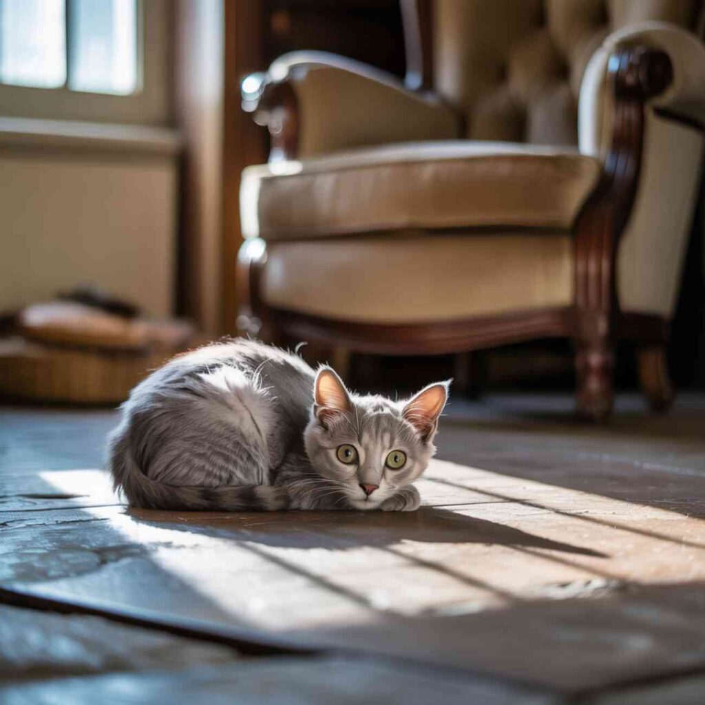 Chat stressé couché au sol, illustrant calmer chat qui miaule