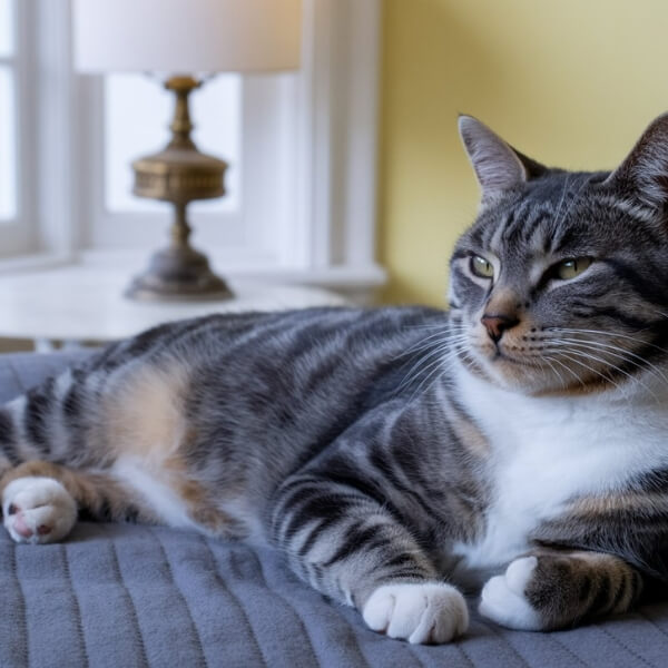 Chat âgé allongé sur un canapé gris, regardant par la fenêtre, symbole de repos et de vulnérabilité liée à l’âge.